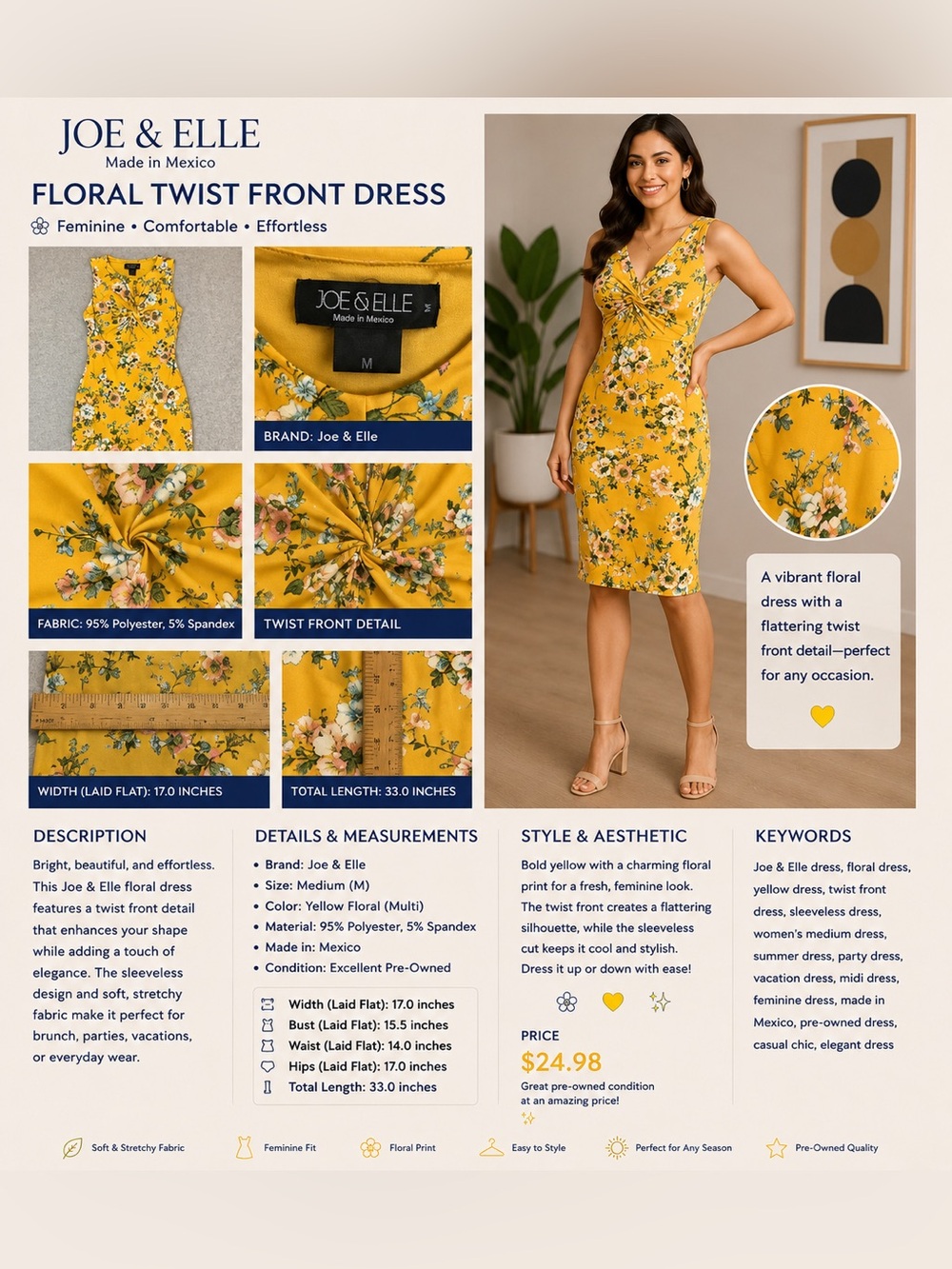Joe & Elle Yellow Floral Twist-Front Midi Dress